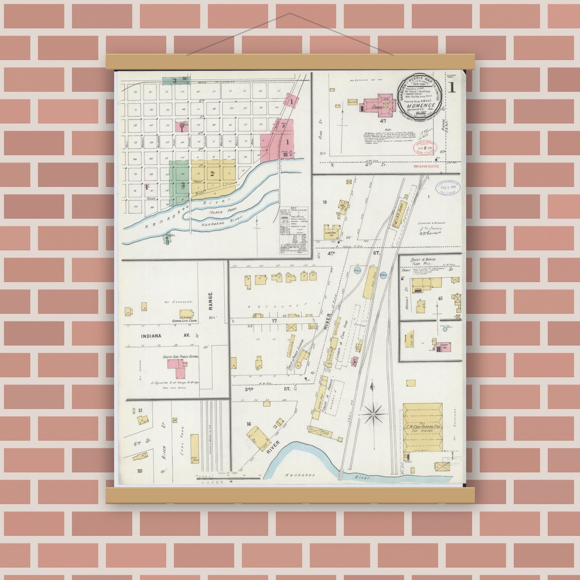 Old map wall art mockup — magnetic wood frame on brick wall — Sanborn Fire Insurance Map from Momence, Kankakee County, Illinois (1897), Sheet #0001