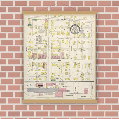Old map wall art mockup — magnetic wood frame on brick wall — Sanborn Fire Insurance Map from Atlanta, Hamilton And Tipton Counties, Indiana (1909), Sheet #0001