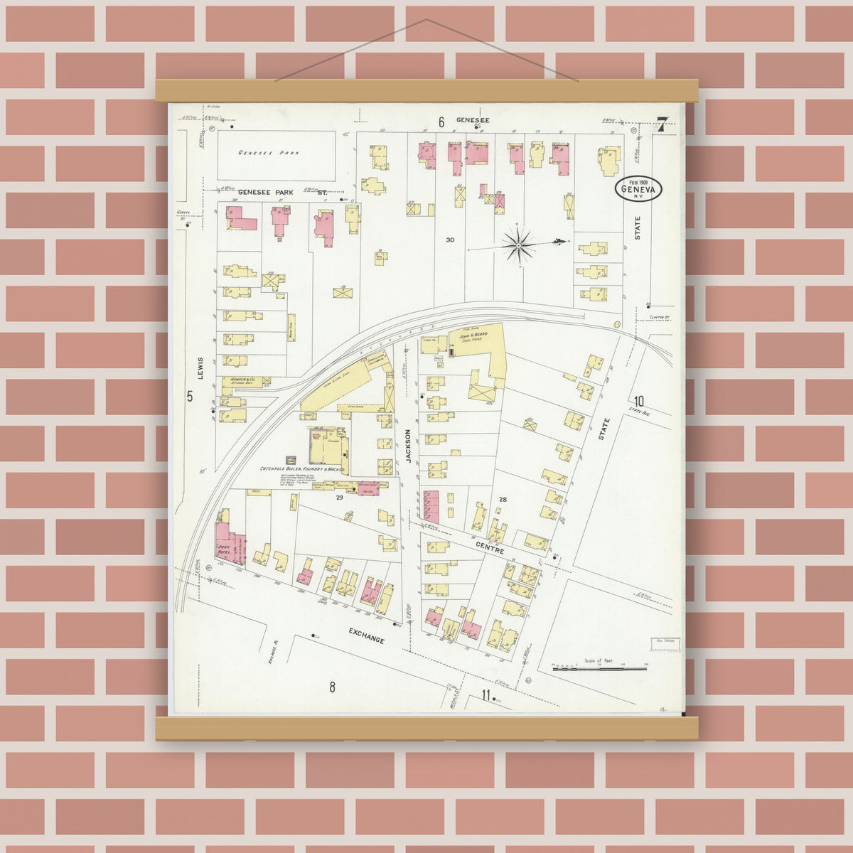 Old map wall art mockup — magnetic wood frame on brick wall — Sanborn Fire Insurance Map from Geneva, Ontario County, New York (1909), Sheet #0007