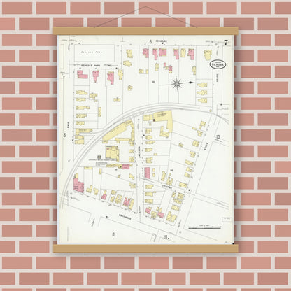 Old map wall art mockup — magnetic wood frame on brick wall — Sanborn Fire Insurance Map from Geneva, Ontario County, New York (1909), Sheet #0007