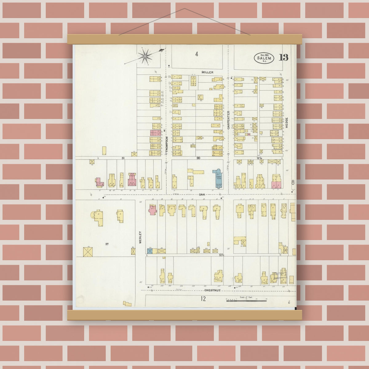 Old map wall art mockup — magnetic wood frame on brick wall — Sanborn Fire Insurance Map from Salem, Salem County, New Jersey (1902), Sheet #0013