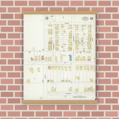 Old map wall art mockup — magnetic wood frame on brick wall — Sanborn Fire Insurance Map from Salem, Salem County, New Jersey (1902), Sheet #0013
