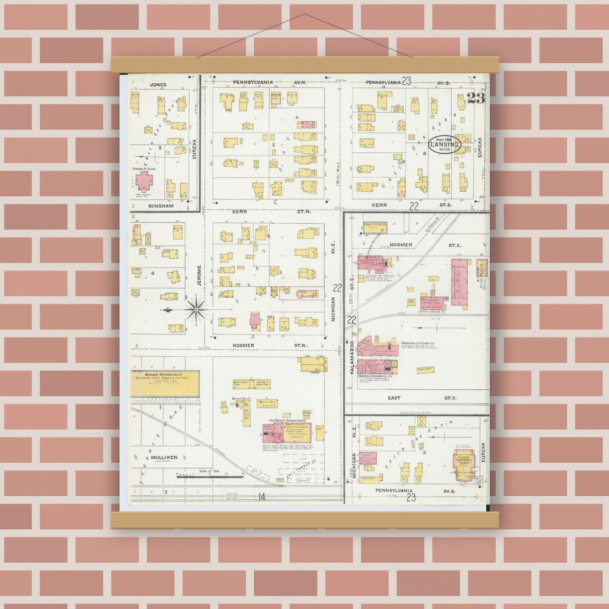 Old map wall art mockup — magnetic wood frame on brick wall — Sanborn Fire Insurance Map from Lansing, Ingham County, Michigan (1906), Sheet #0023