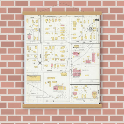Old map wall art mockup — magnetic wood frame on brick wall — Sanborn Fire Insurance Map from Lansing, Ingham County, Michigan (1906), Sheet #0023