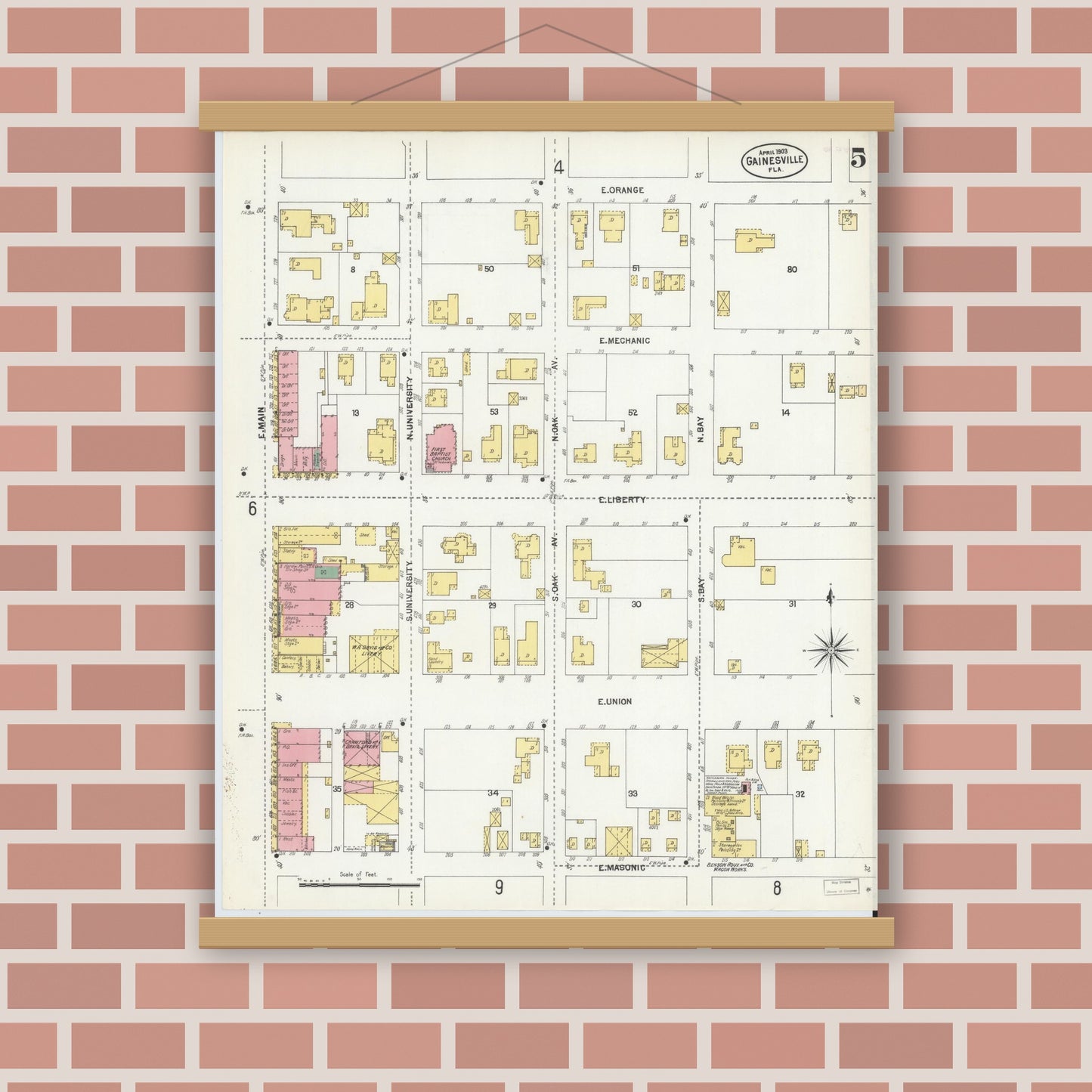 Old map wall art mockup — magnetic wood frame on brick wall — Sanborn Fire Insurance Map from Gainesville, Alachua County, Florida (1903), Sheet #0005