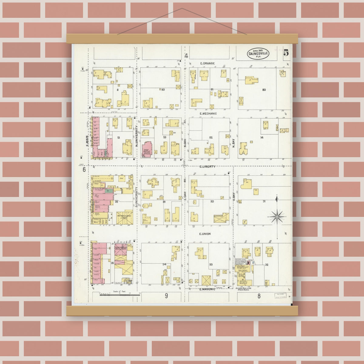 Old map wall art mockup — magnetic wood frame on brick wall — Sanborn Fire Insurance Map from Gainesville, Alachua County, Florida (1903), Sheet #0005