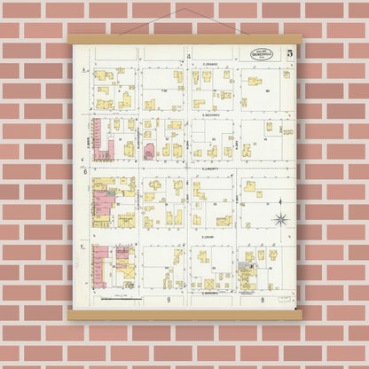 Old map wall art mockup — magnetic wood frame on brick wall — Sanborn Fire Insurance Map from Gainesville, Alachua County, Florida (1903), Sheet #0005
