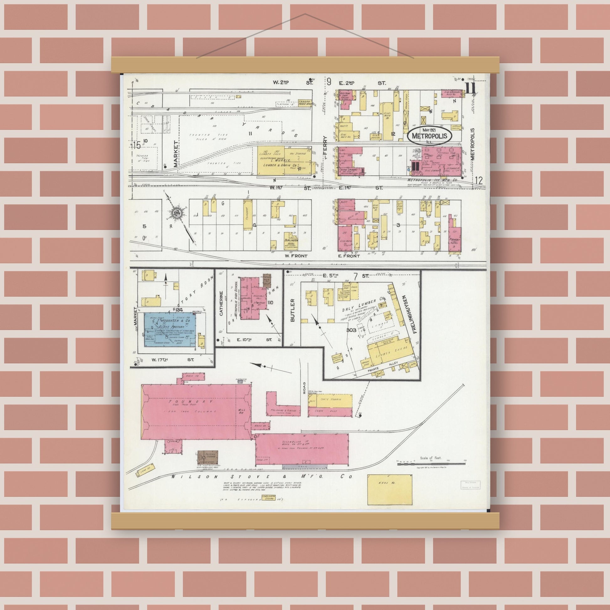 Old map wall art mockup — magnetic wood frame on brick wall — Sanborn Fire Insurance Map from Metropolis, Massac County, Illinois (1921), Sheet #0011