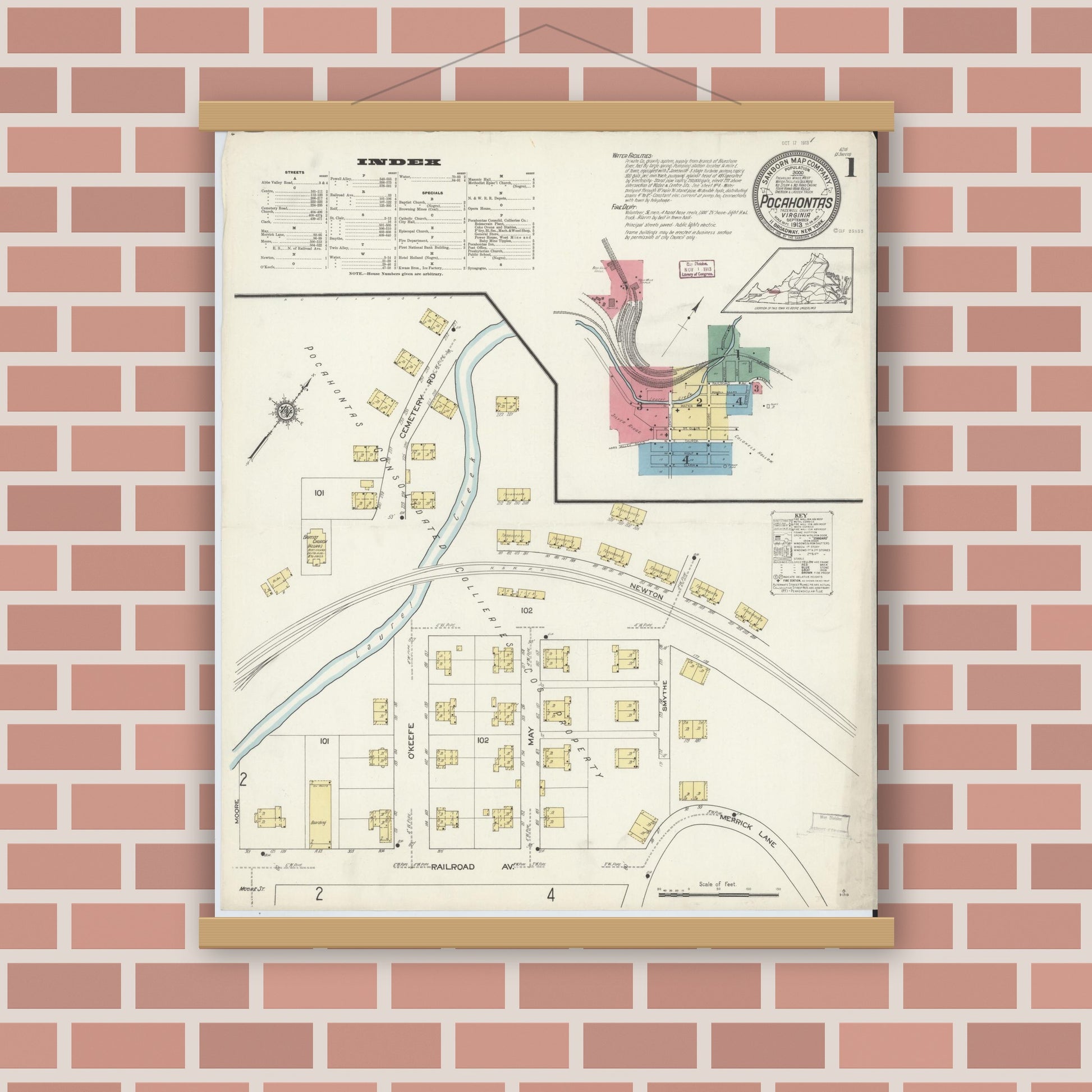 Old map wall art mockup — magnetic wood frame on brick wall — Sanborn Fire Insurance Map from Pocahontas, Tazewell County, Virginia (1913) - Complete Map Set