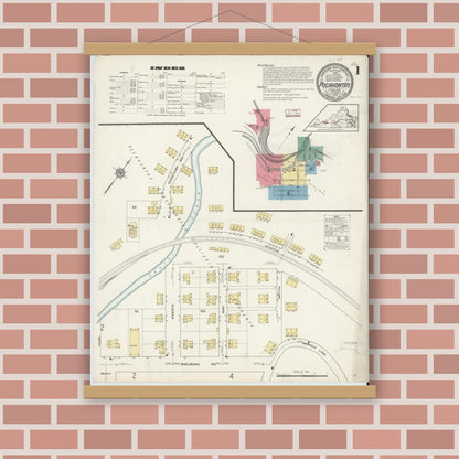 Old map wall art mockup — magnetic wood frame on brick wall — Sanborn Fire Insurance Map from Pocahontas, Tazewell County, Virginia (1913) - Complete Map Set