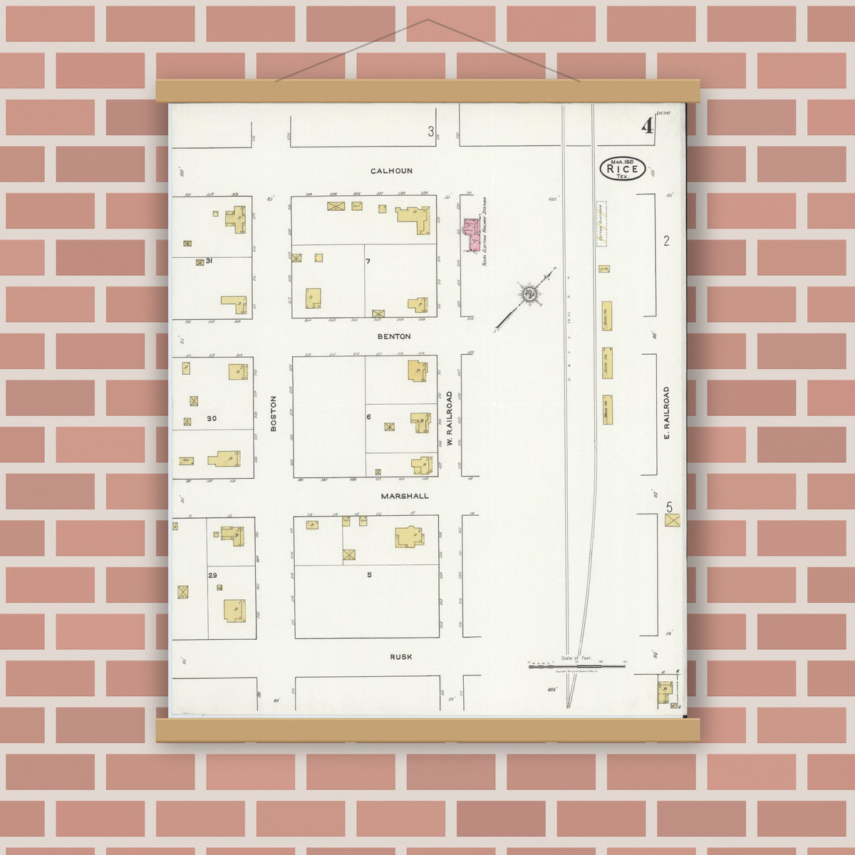 Old map wall art mockup — magnetic wood frame on brick wall — Sanborn Fire Insurance Map from Rice, Navarro County, Texas (1921), Sheet #0004