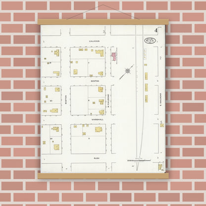 Old map wall art mockup — magnetic wood frame on brick wall — Sanborn Fire Insurance Map from Rice, Navarro County, Texas (1921), Sheet #0004