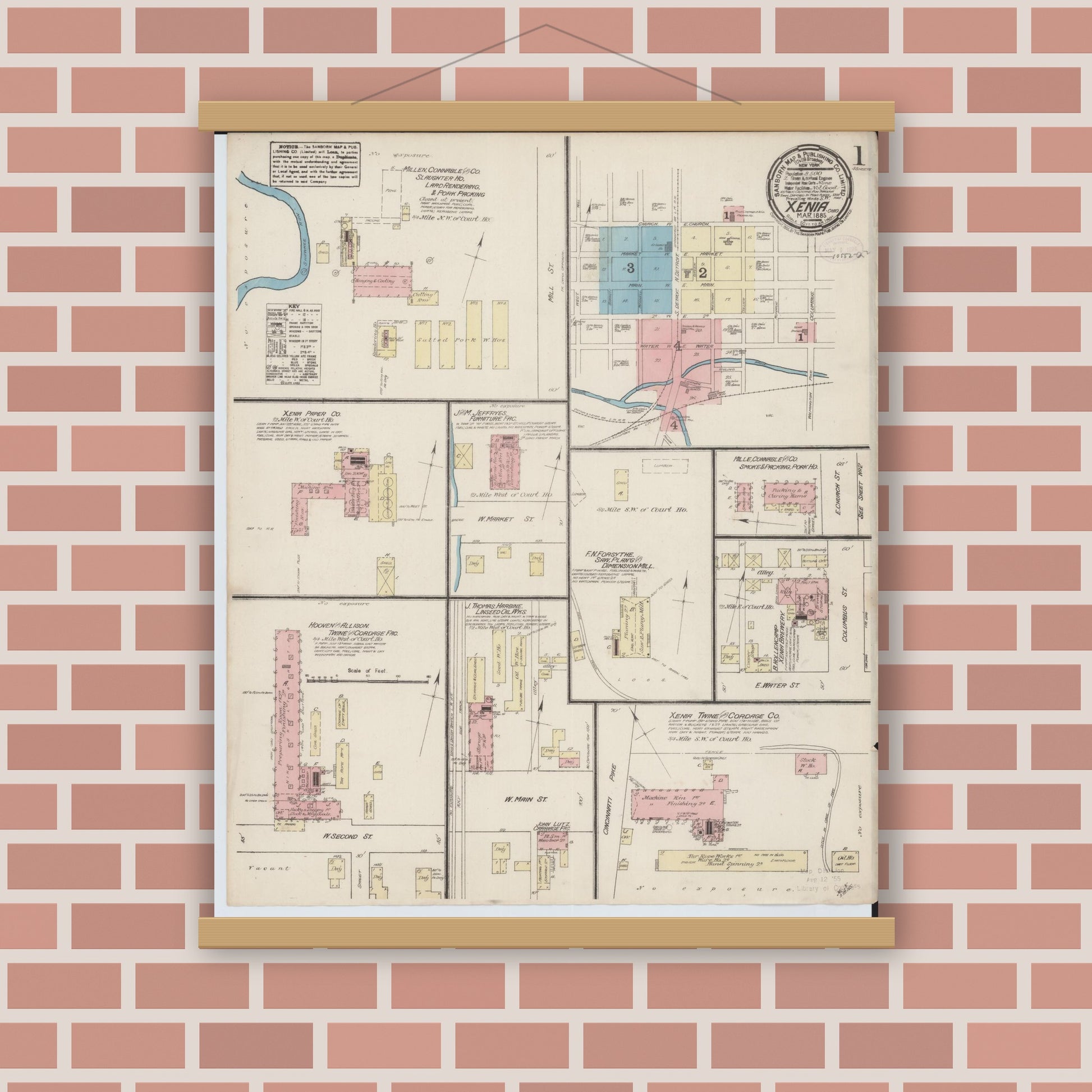 Old map wall art mockup — magnetic wood frame on brick wall — Sanborn Fire Insurance Map from Xenia, Greene County, Ohio (1885), Sheet #0001