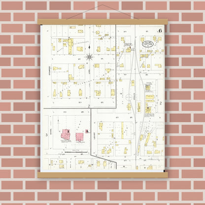 Old map wall art mockup — magnetic wood frame on brick wall — Sanborn Fire Insurance Map from Tipton, Cedar County, Iowa (1906), Sheet #0006