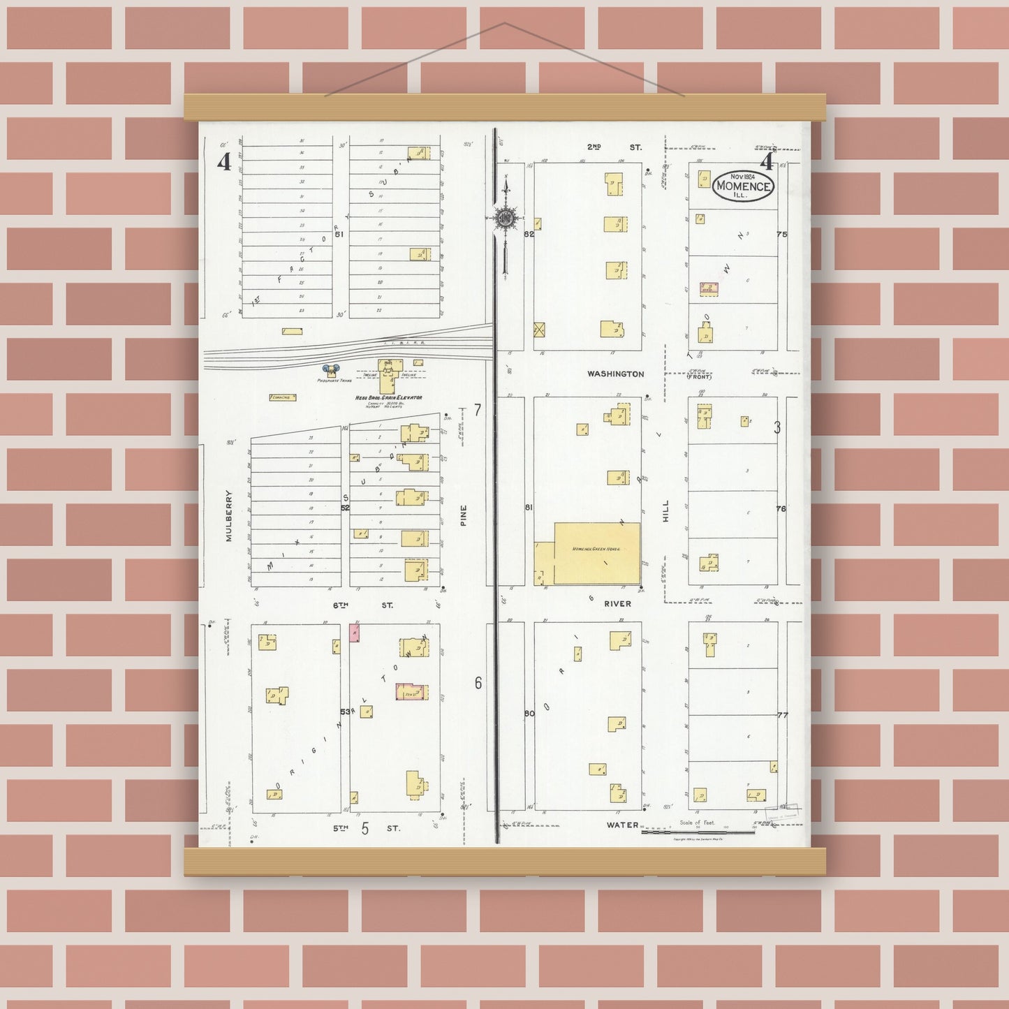 Old map wall art mockup — magnetic wood frame on brick wall — Sanborn Fire Insurance Map from Momence, Kankakee County, Illinois (1924), Sheet #0004