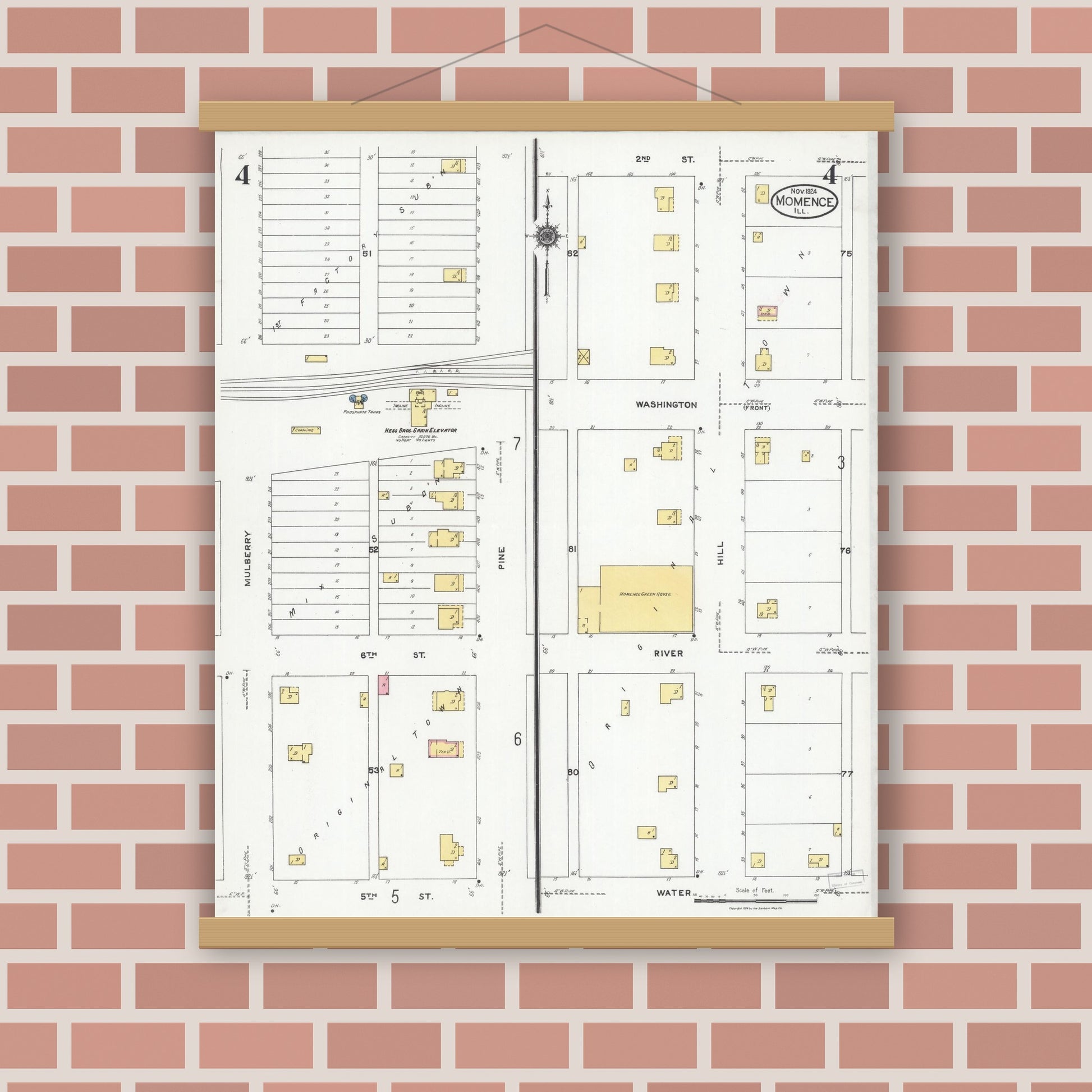 Old map wall art mockup — magnetic wood frame on brick wall — Sanborn Fire Insurance Map from Momence, Kankakee County, Illinois (1924), Sheet #0004