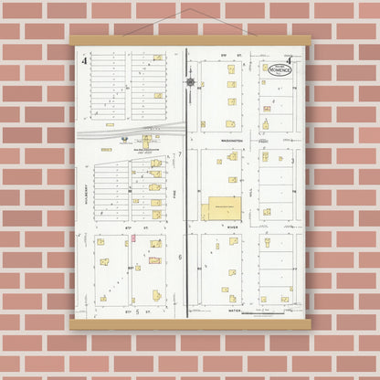 Old map wall art mockup — magnetic wood frame on brick wall — Sanborn Fire Insurance Map from Momence, Kankakee County, Illinois (1924), Sheet #0004