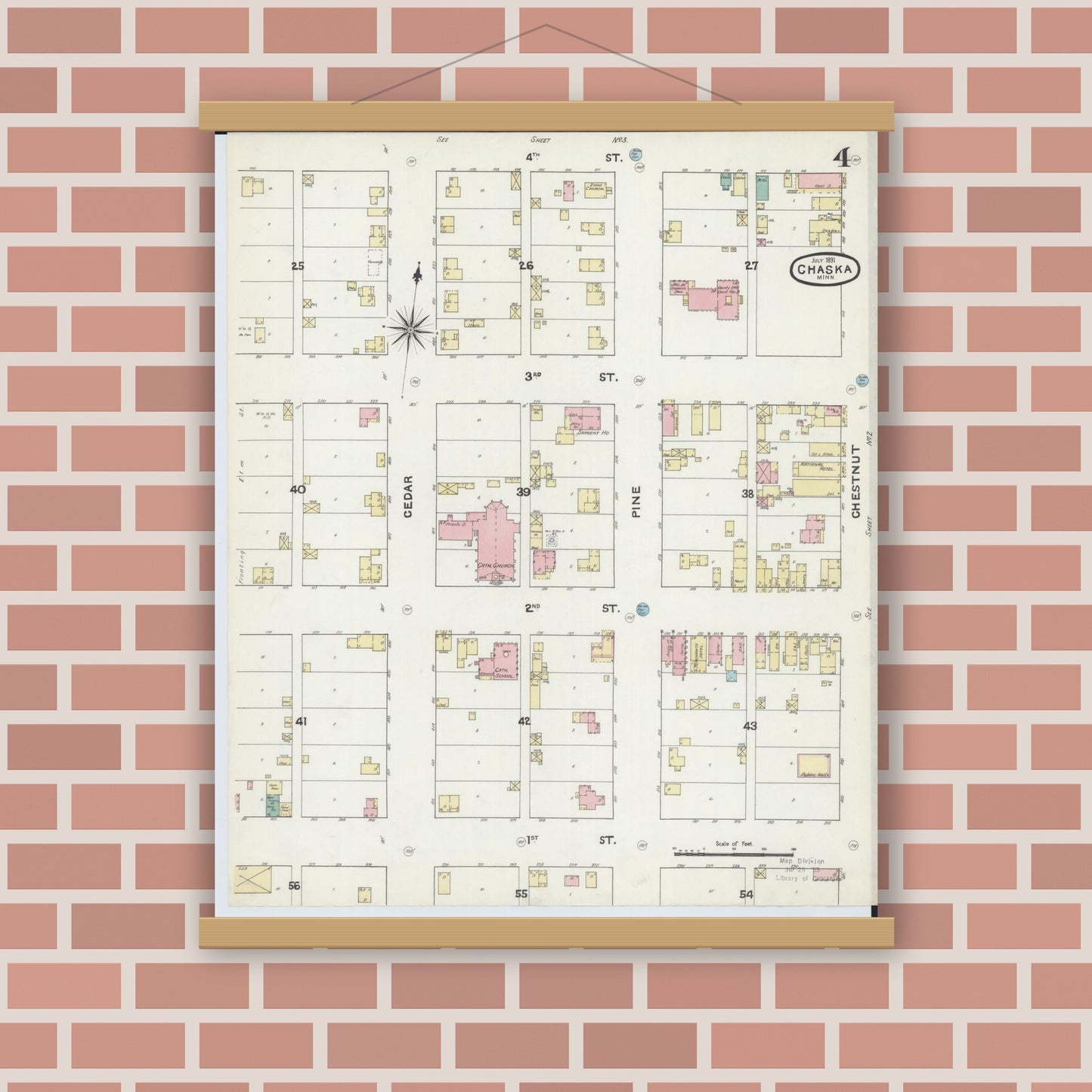 Old map wall art mockup — magnetic wood frame on brick wall — Sanborn Fire Insurance Map from Chaska, Carver County, Minnesota (1891), Sheet #0004