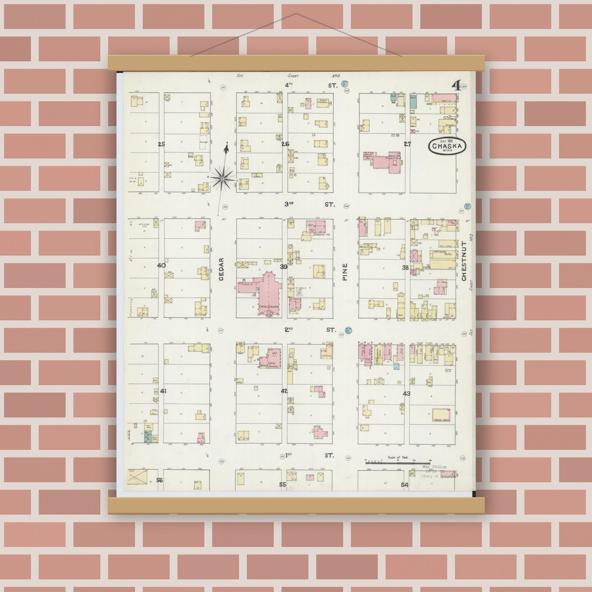 Old map wall art mockup — magnetic wood frame on brick wall — Sanborn Fire Insurance Map from Chaska, Carver County, Minnesota (1891), Sheet #0004