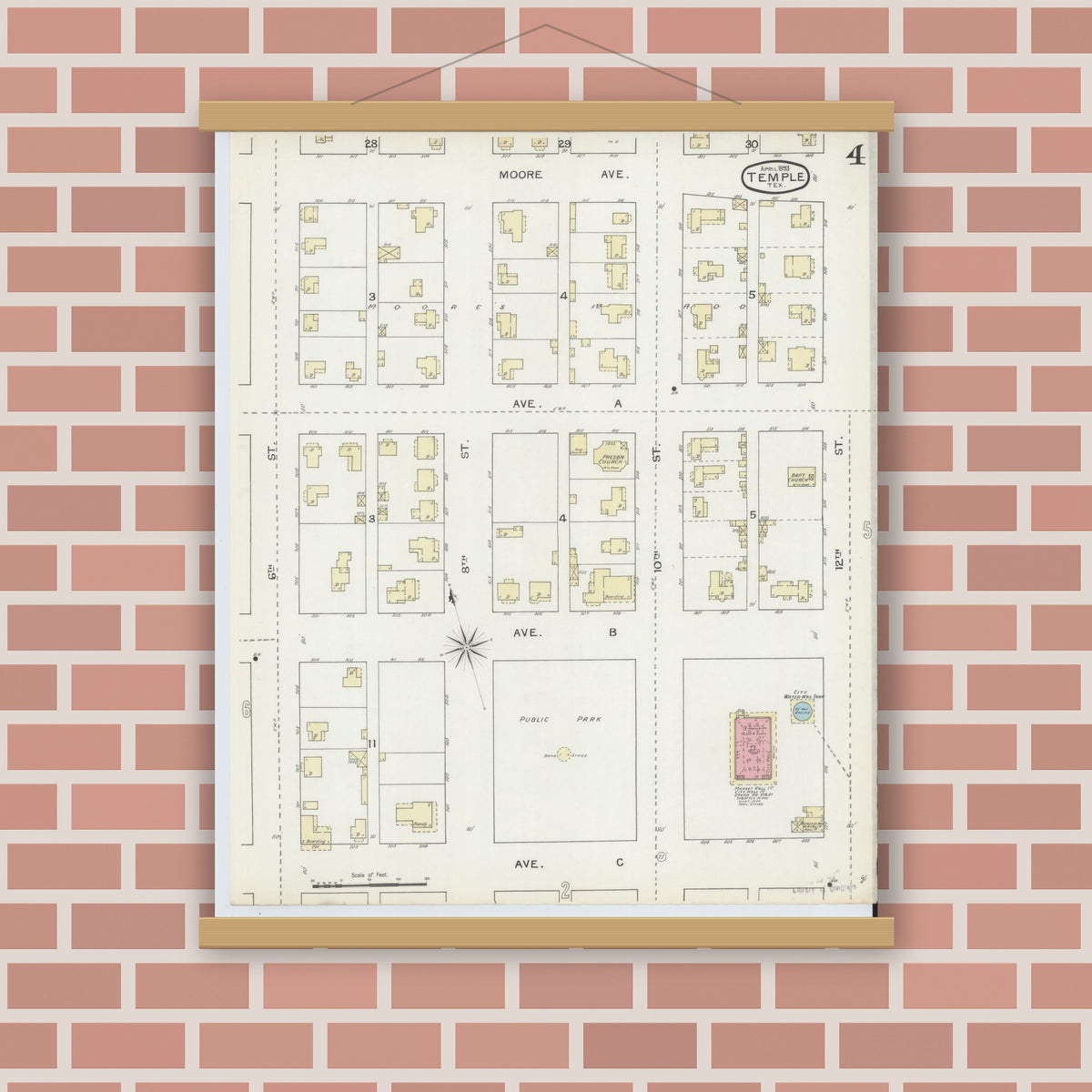 Old map wall art mockup — magnetic wood frame on brick wall — Sanborn Fire Insurance Map from Temple, Bell County, Texas (1893), Sheet #0004