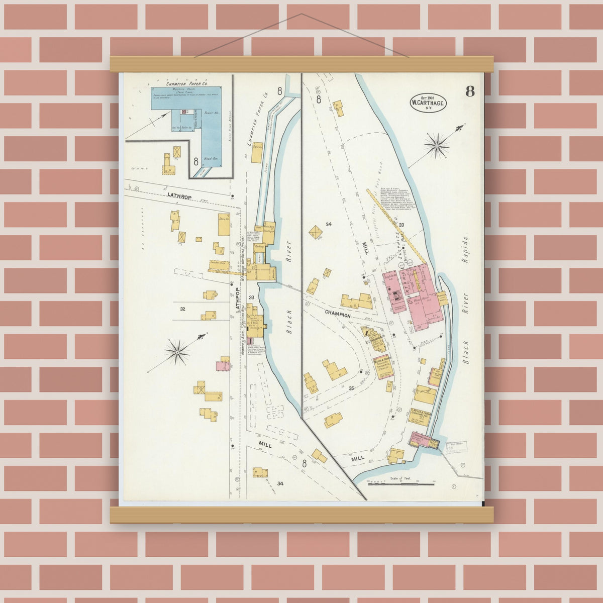 Old map wall art mockup — magnetic wood frame on brick wall — Sanborn Fire Insurance Map from Carthage, Jefferson County, New York (1902), Sheet #0008