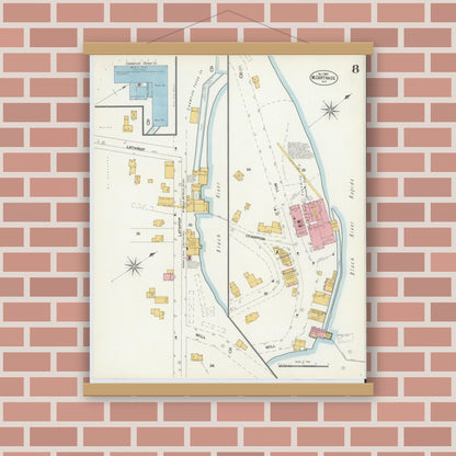 Old map wall art mockup — magnetic wood frame on brick wall — Sanborn Fire Insurance Map from Carthage, Jefferson County, New York (1902), Sheet #0008
