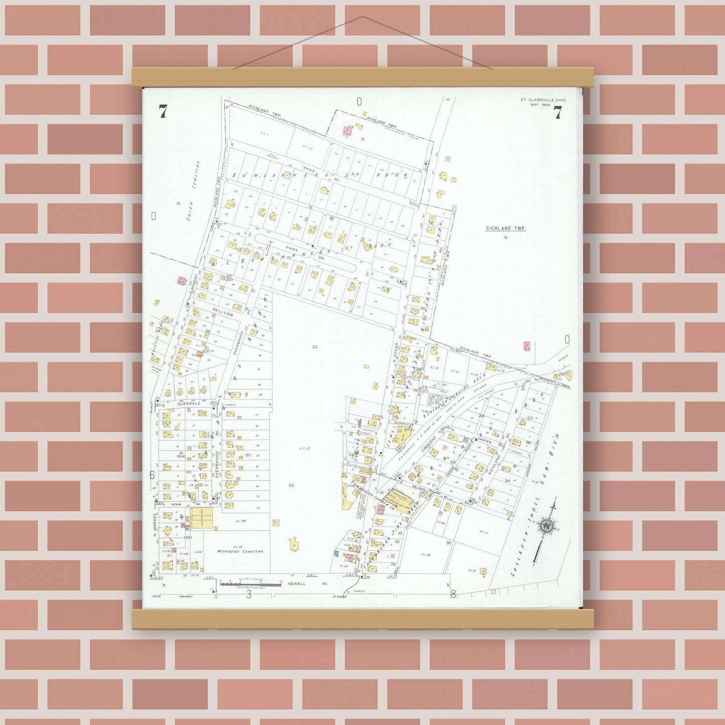 Old map wall art mockup — magnetic wood frame on brick wall — Sanborn Fire Insurance Map from Saint Clairsville, Belmont County, Ohio (1946), Sheet #0007