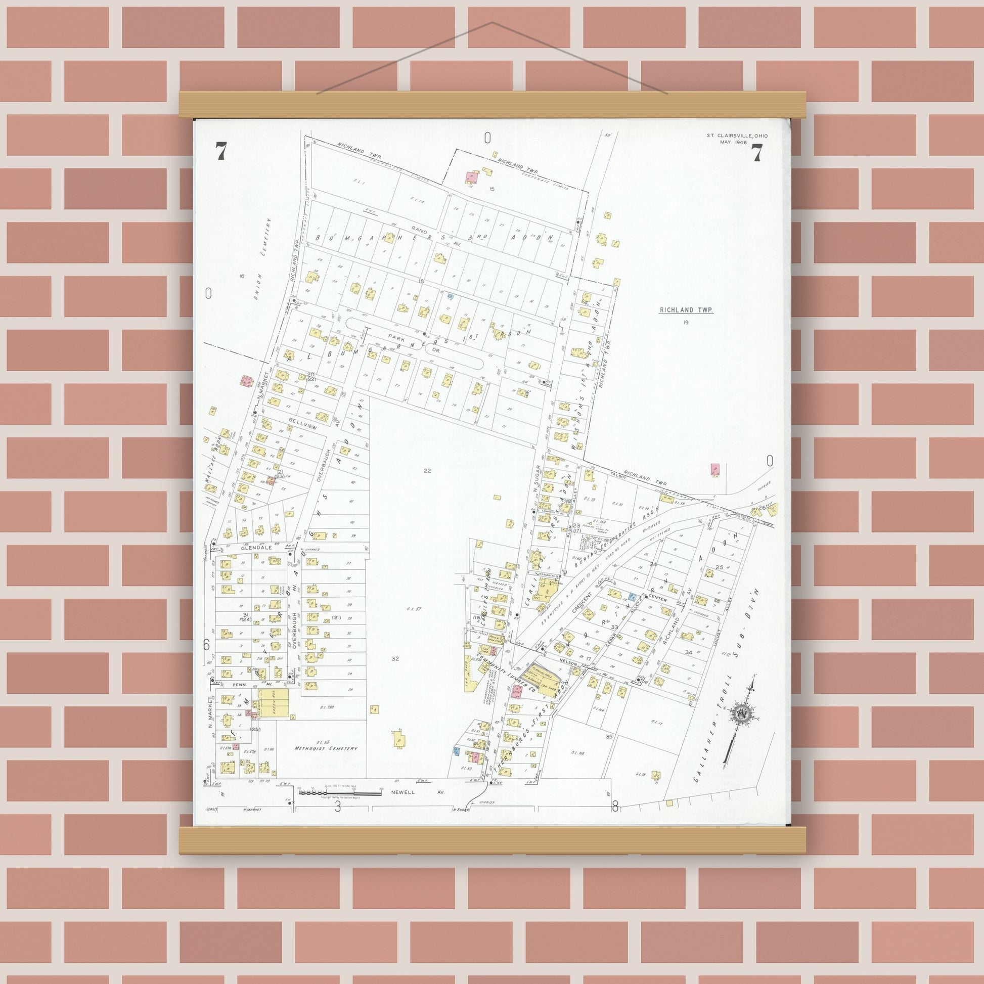 Old map wall art mockup — magnetic wood frame on brick wall — Sanborn Fire Insurance Map from Saint Clairsville, Belmont County, Ohio (1946), Sheet #0007