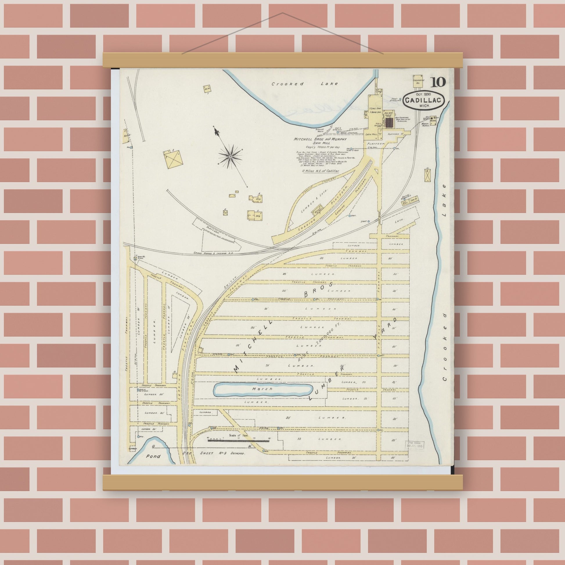 Old map wall art mockup — magnetic wood frame on brick wall — Sanborn Fire Insurance Map from Cadillac, Wexford County, Michigan (1890), Sheet #0010