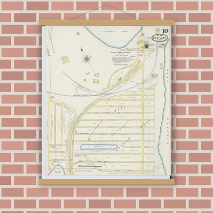 Old map wall art mockup — magnetic wood frame on brick wall — Sanborn Fire Insurance Map from Cadillac, Wexford County, Michigan (1890), Sheet #0010