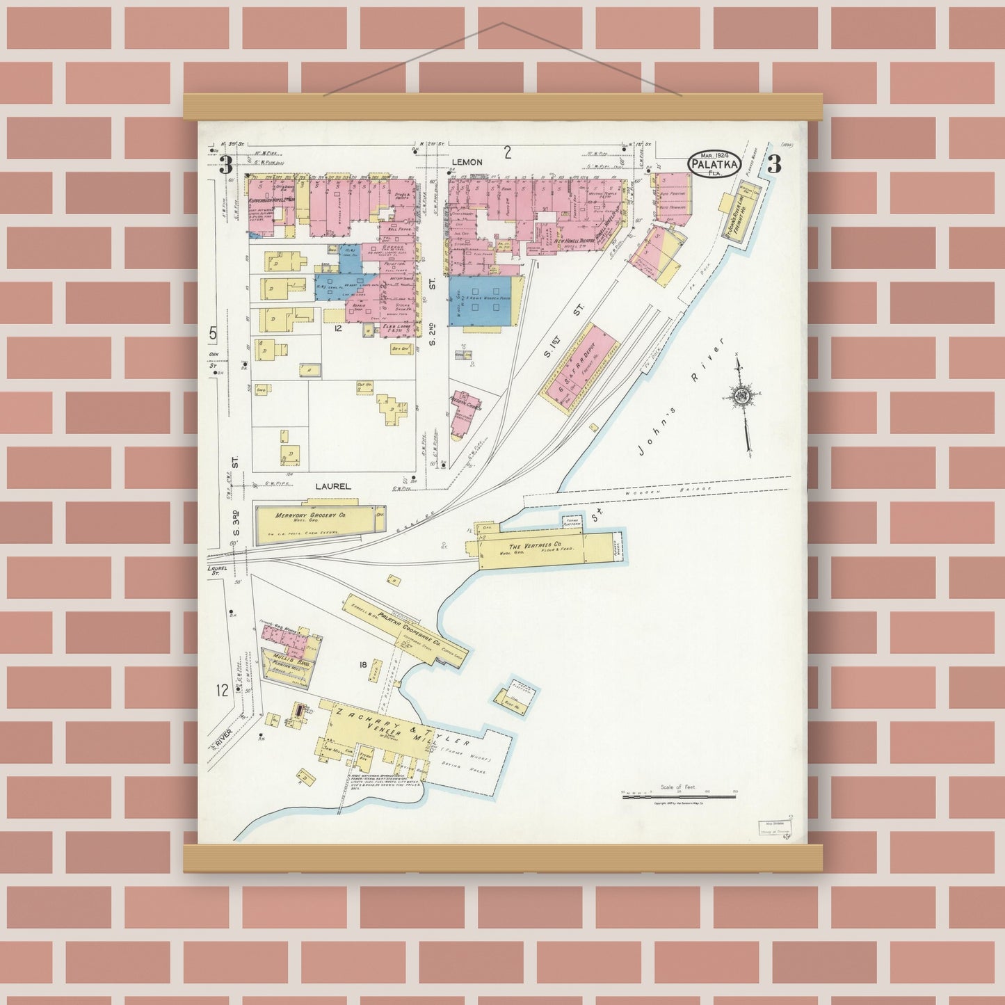 Old map wall art mockup — magnetic wood frame on brick wall — Sanborn Fire Insurance Map from Palatka, Putnam County, Florida (1924), Sheet #0003
