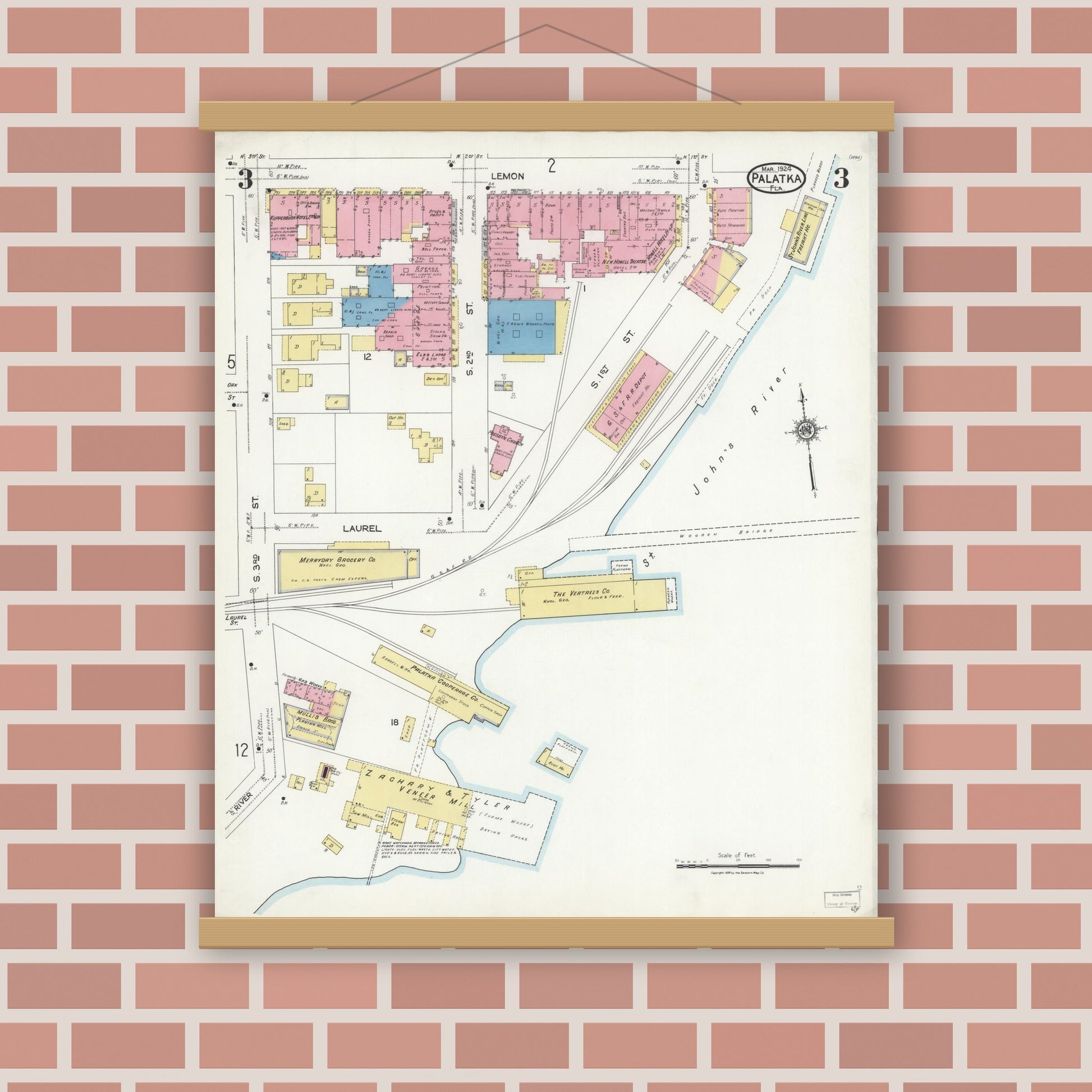 Old map wall art mockup — magnetic wood frame on brick wall — Sanborn Fire Insurance Map from Palatka, Putnam County, Florida (1924), Sheet #0003