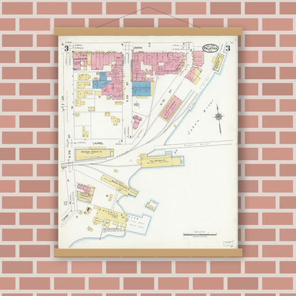 Old map wall art mockup — magnetic wood frame on brick wall — Sanborn Fire Insurance Map from Palatka, Putnam County, Florida (1924), Sheet #0003