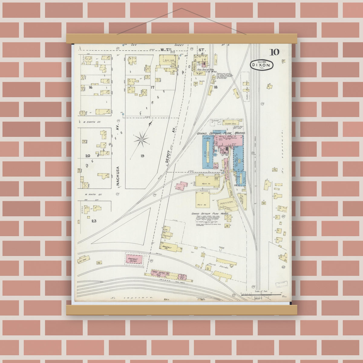 Old map wall art mockup — magnetic wood frame on brick wall — Sanborn Fire Insurance Map from Dixon, Lee County, Illinois (1891), Sheet #0010