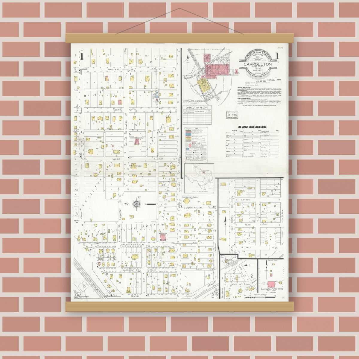 Old map wall art mockup — magnetic wood frame on brick wall — Sanborn Fire Insurance Map from Carrollton, Dallas County, Texas (1935) - Complete Map Set