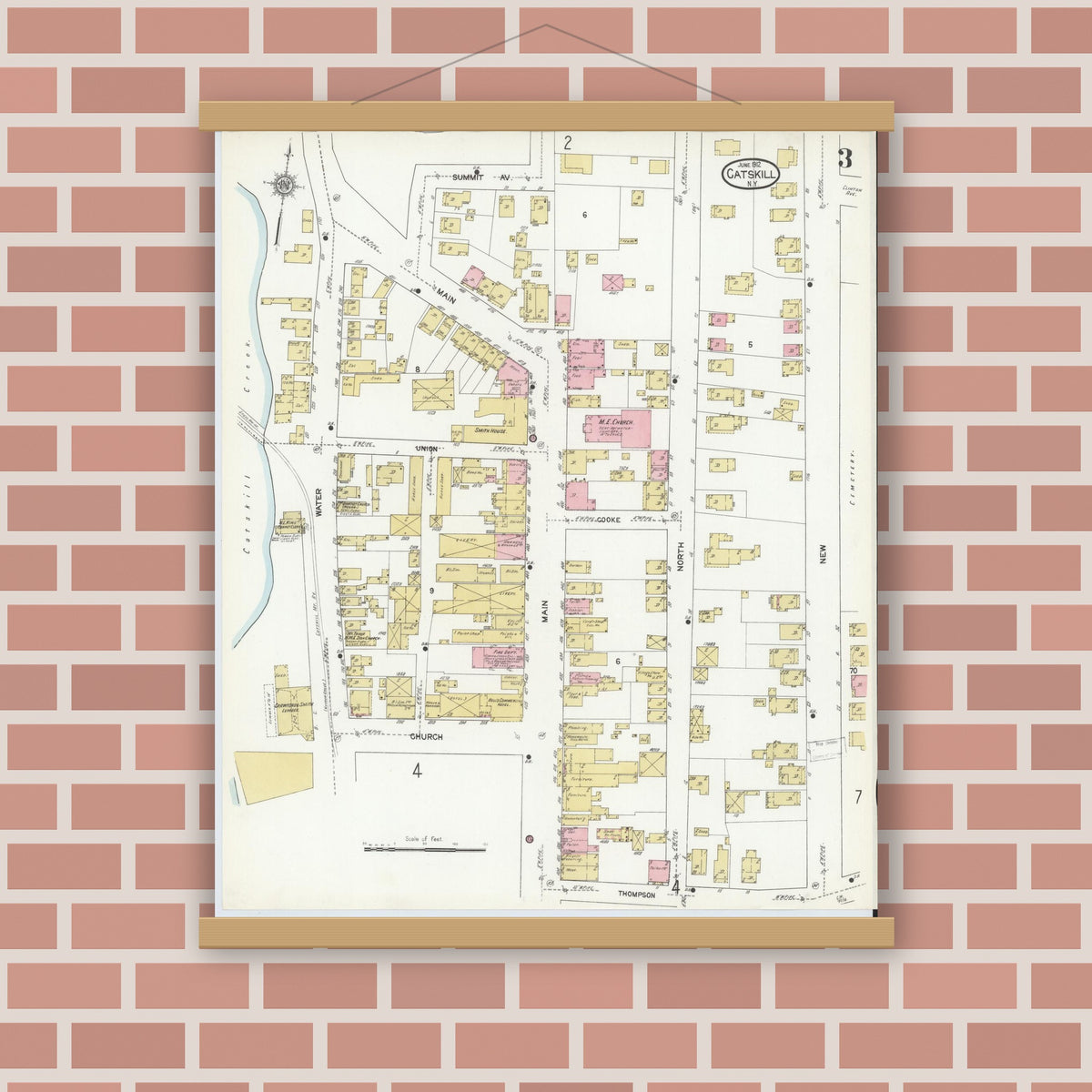 Old map wall art mockup — magnetic wood frame on brick wall — Sanborn Fire Insurance Map from Catskill, Greene County, New York (1912), Sheet #0003