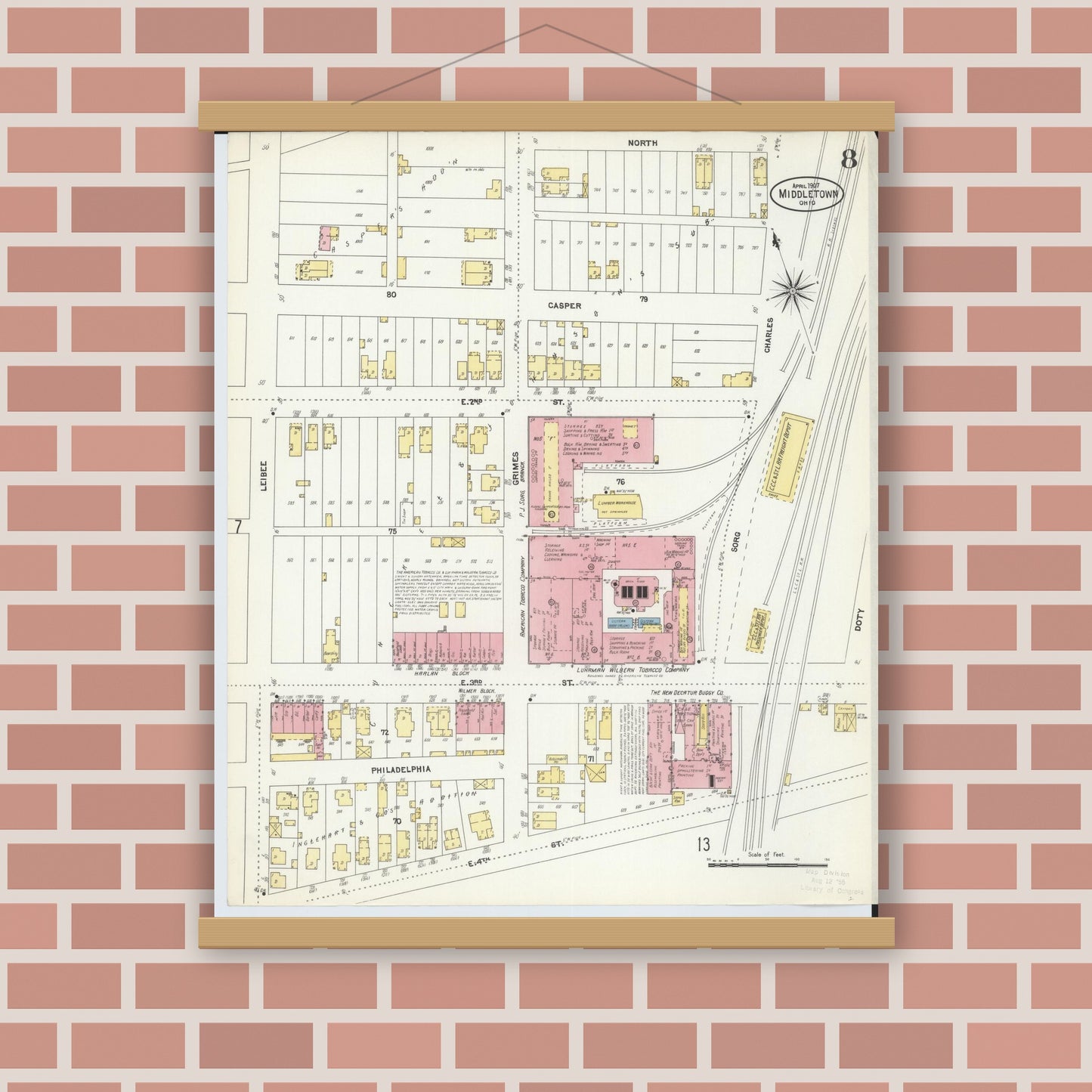 Old map wall art mockup — magnetic wood frame on brick wall — Sanborn Fire Insurance Map from Middletown, Butler County, Ohio (1907), Sheet #0008