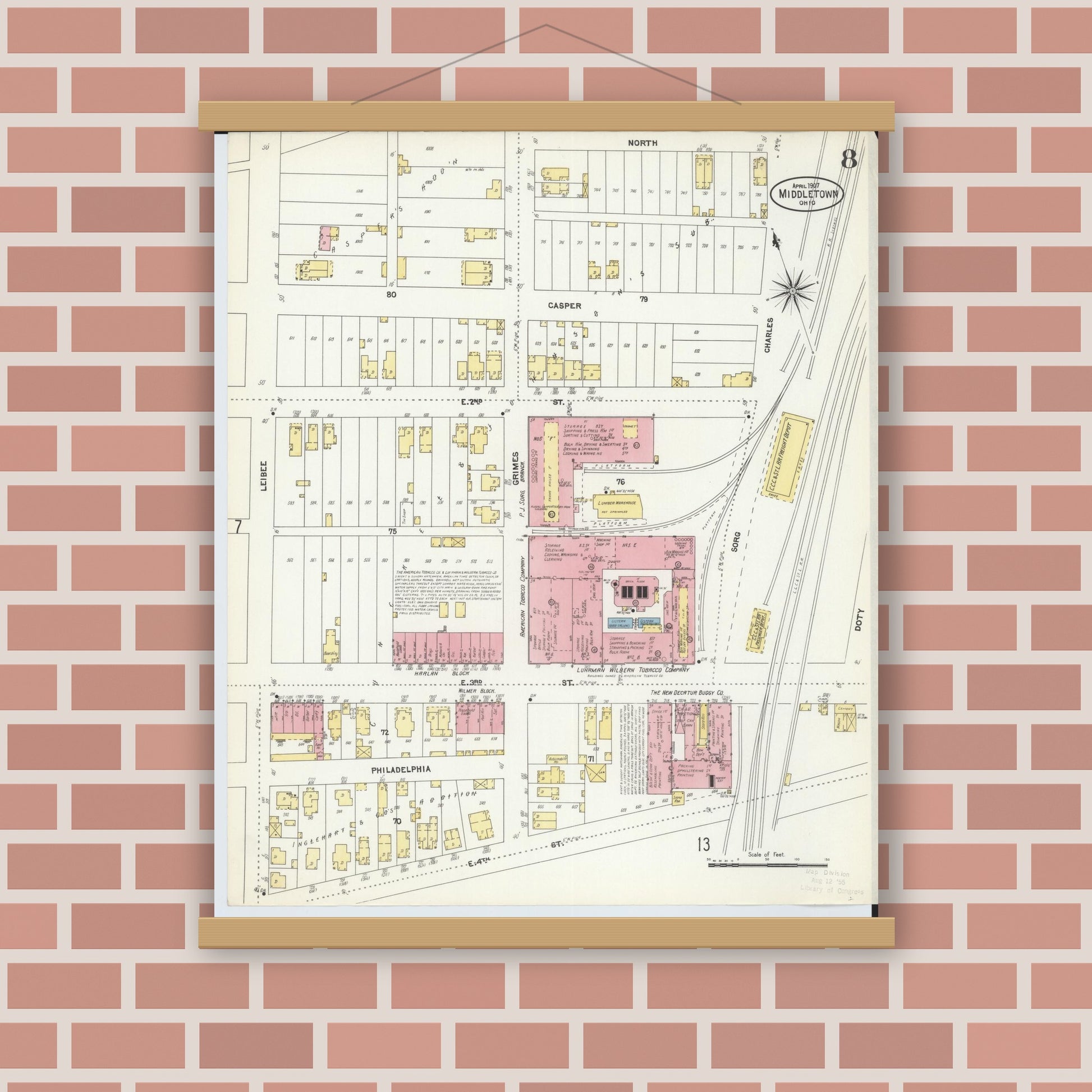 Old map wall art mockup — magnetic wood frame on brick wall — Sanborn Fire Insurance Map from Middletown, Butler County, Ohio (1907), Sheet #0008