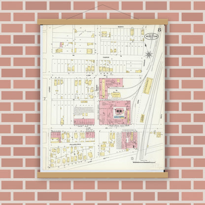 Old map wall art mockup — magnetic wood frame on brick wall — Sanborn Fire Insurance Map from Middletown, Butler County, Ohio (1907), Sheet #0008