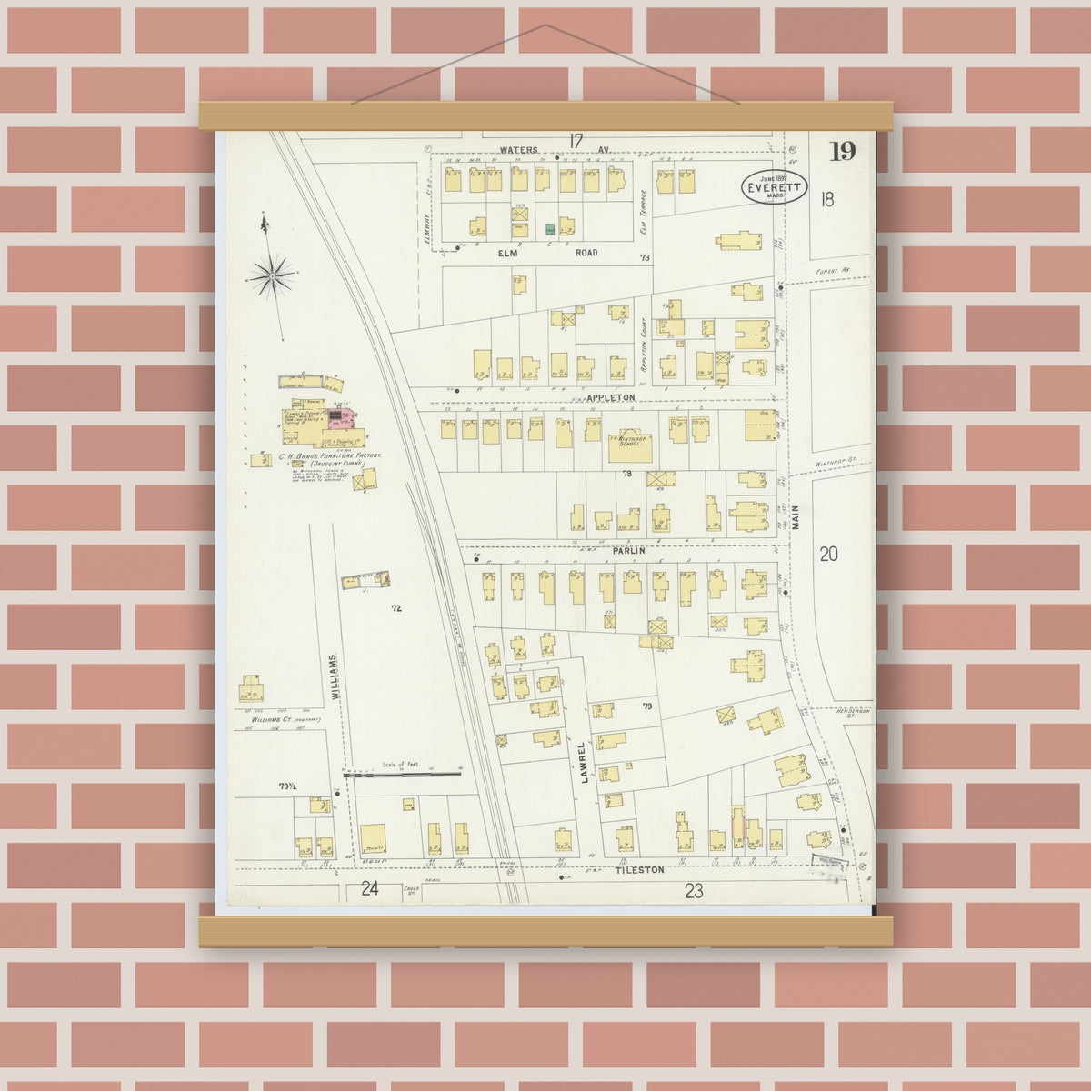 Old map wall art mockup — magnetic wood frame on brick wall — Sanborn Fire Insurance Map from Everett, Middlesex County, Massachusetts (1897), Sheet #0019