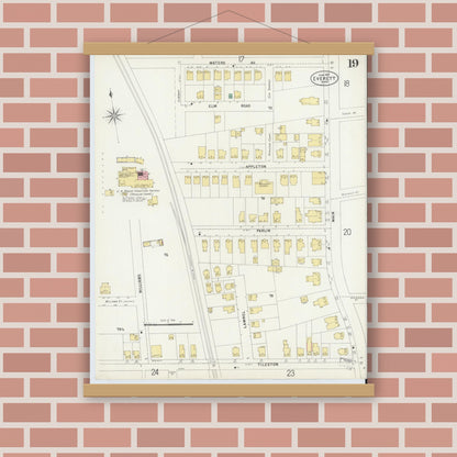 Old map wall art mockup — magnetic wood frame on brick wall — Sanborn Fire Insurance Map from Everett, Middlesex County, Massachusetts (1897), Sheet #0019