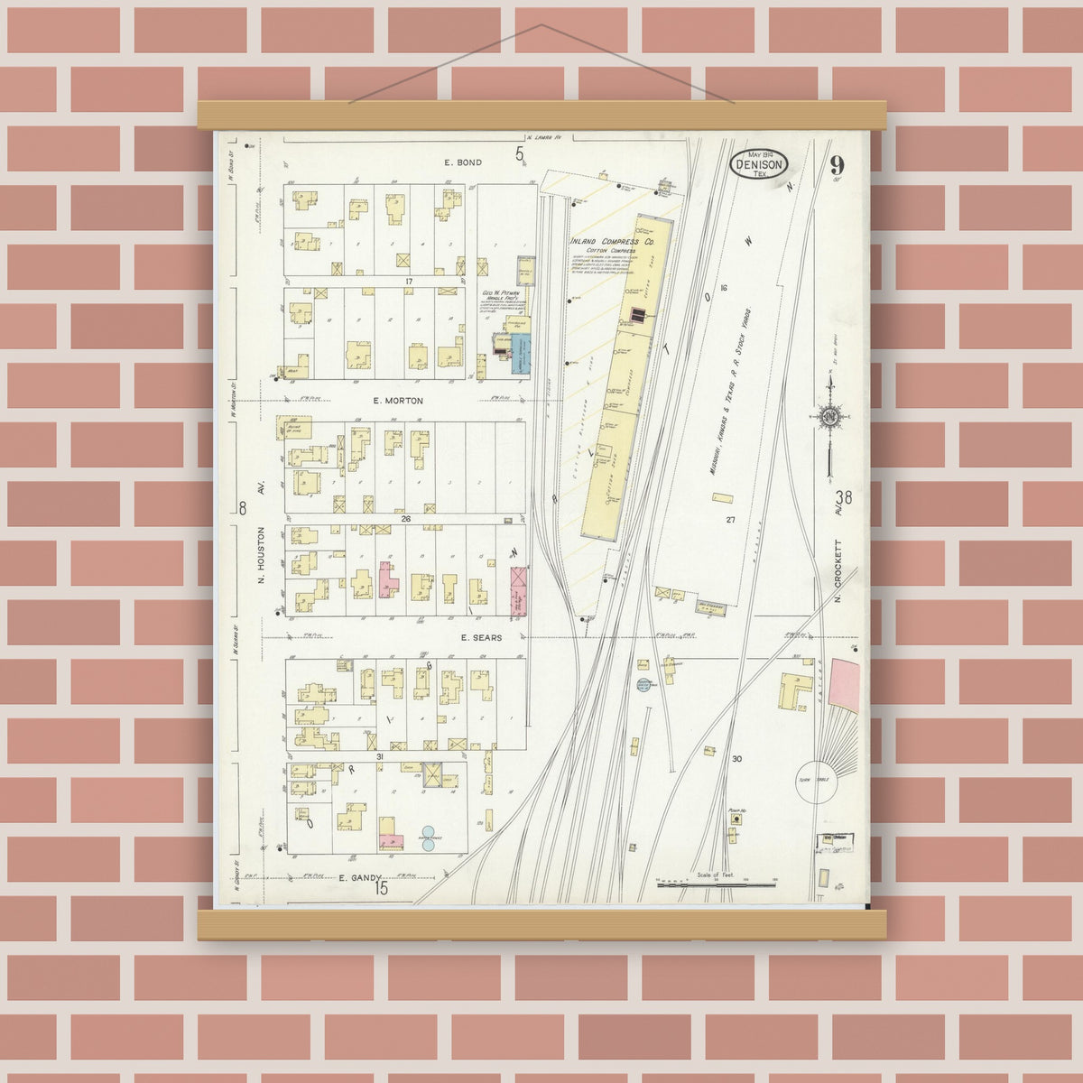 Old map wall art mockup — magnetic wood frame on brick wall — Sanborn Fire Insurance Map from Denison, Grayson County, Texas (1914), Sheet #0009