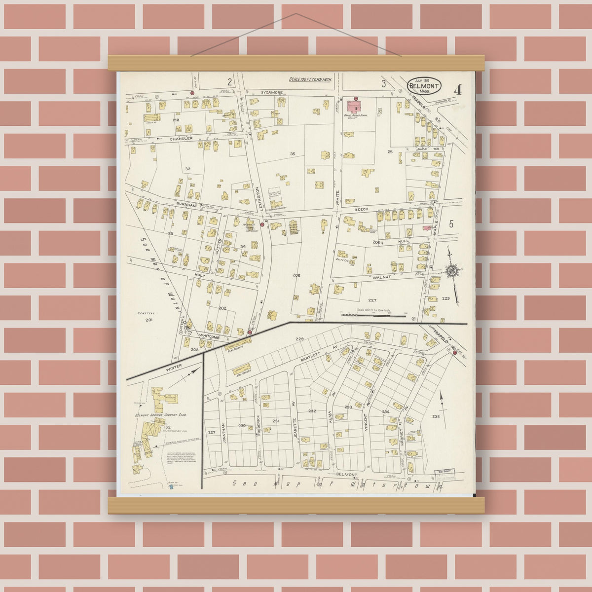 Old map wall art mockup — magnetic wood frame on brick wall — Sanborn Fire Insurance Map from Belmont, Middlesex County, Massachusetts (1915), Sheet #0004