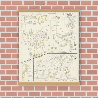Old map wall art mockup — magnetic wood frame on brick wall — Sanborn Fire Insurance Map from Belmont, Middlesex County, Massachusetts (1915), Sheet #0004