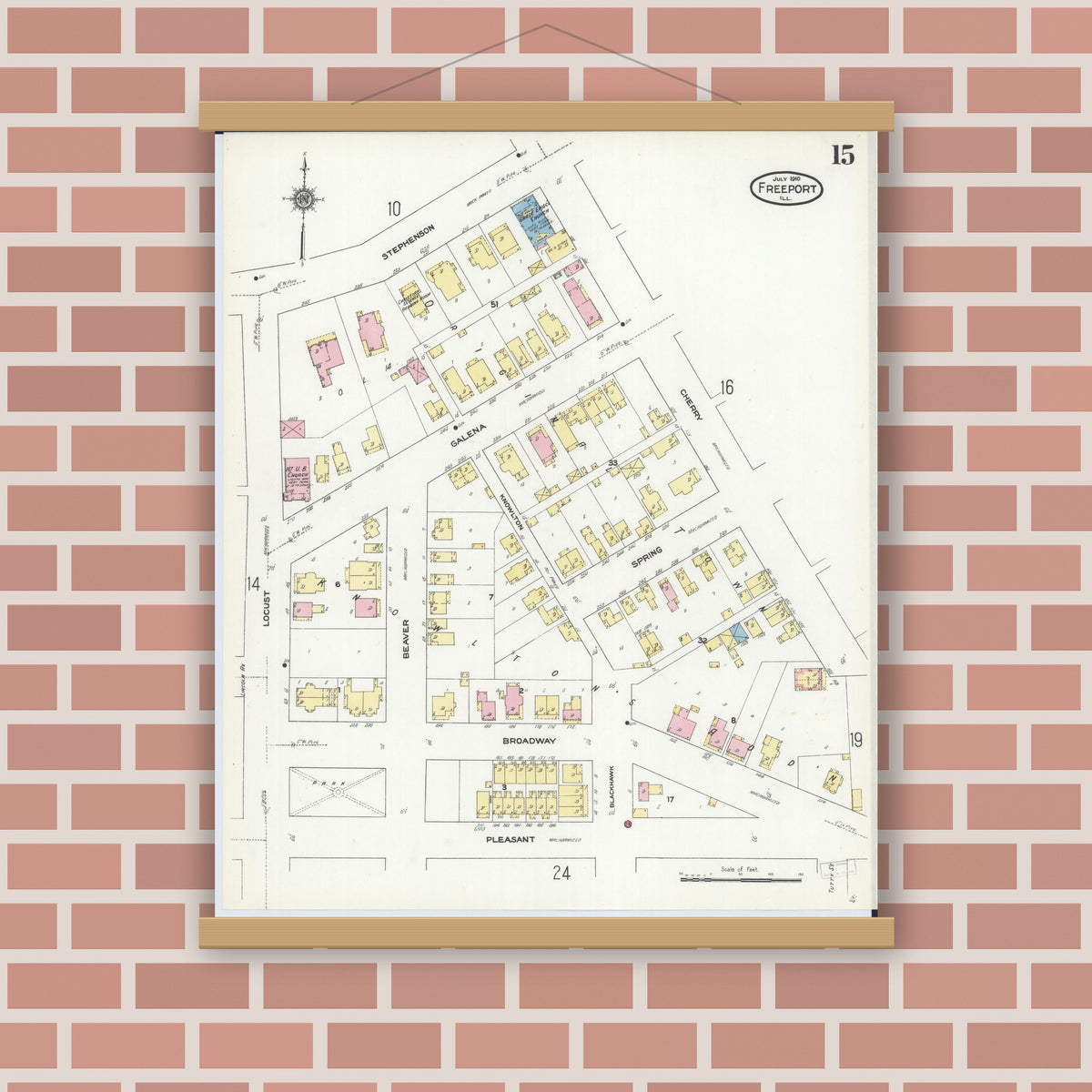 Old map wall art mockup — magnetic wood frame on brick wall — Sanborn Fire Insurance Map from Freeport, Stephenson County, Illinois (1910), Sheet #0015