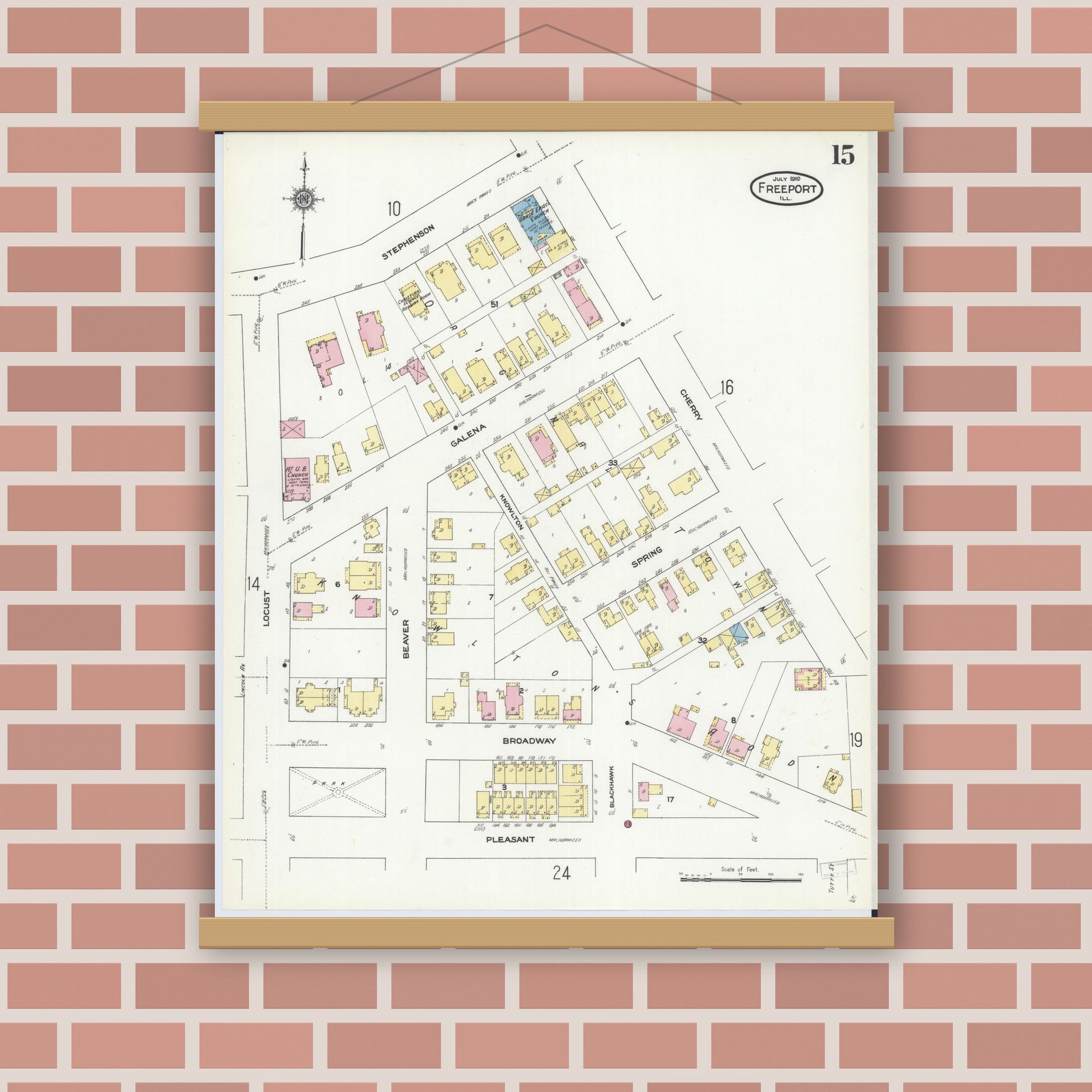 Old map wall art mockup — magnetic wood frame on brick wall — Sanborn Fire Insurance Map from Freeport, Stephenson County, Illinois (1910), Sheet #0015