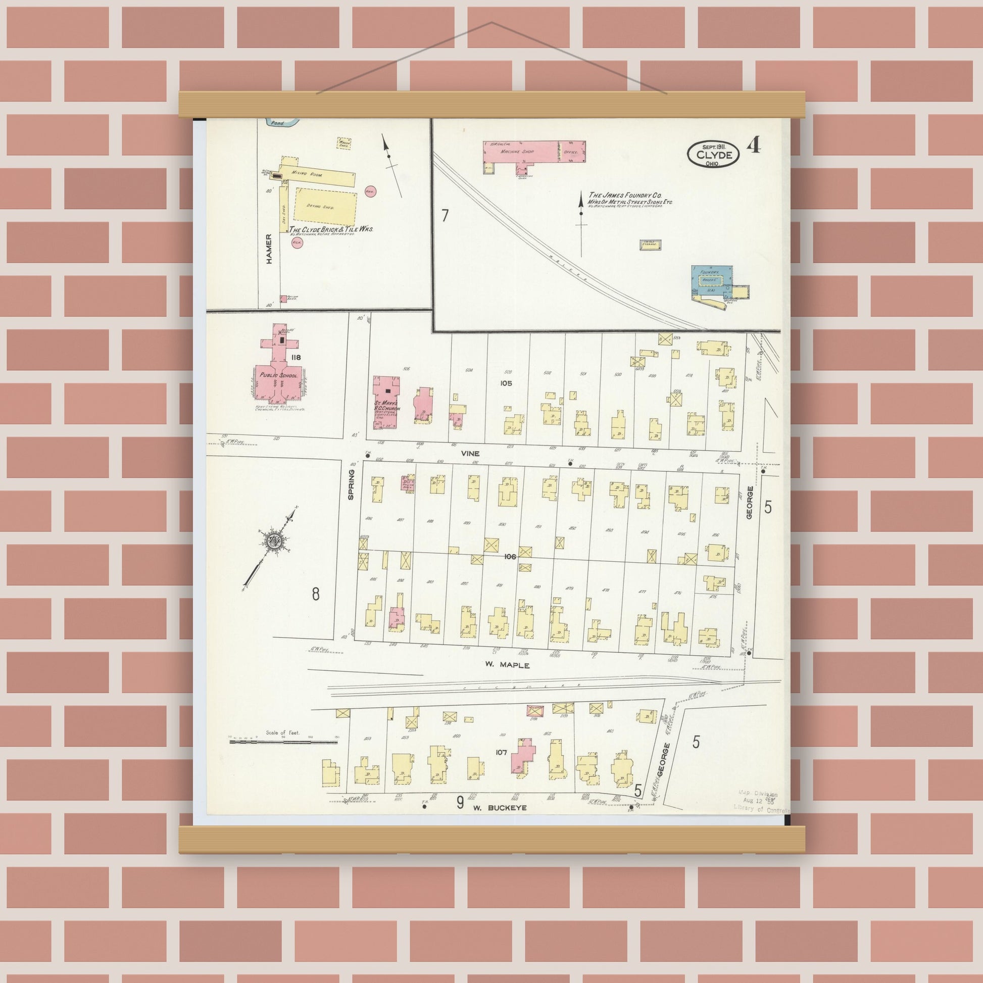 Old map wall art mockup — magnetic wood frame on brick wall — Sanborn Fire Insurance Map from Clyde, Sandusky County, Ohio (1911), Sheet #0004