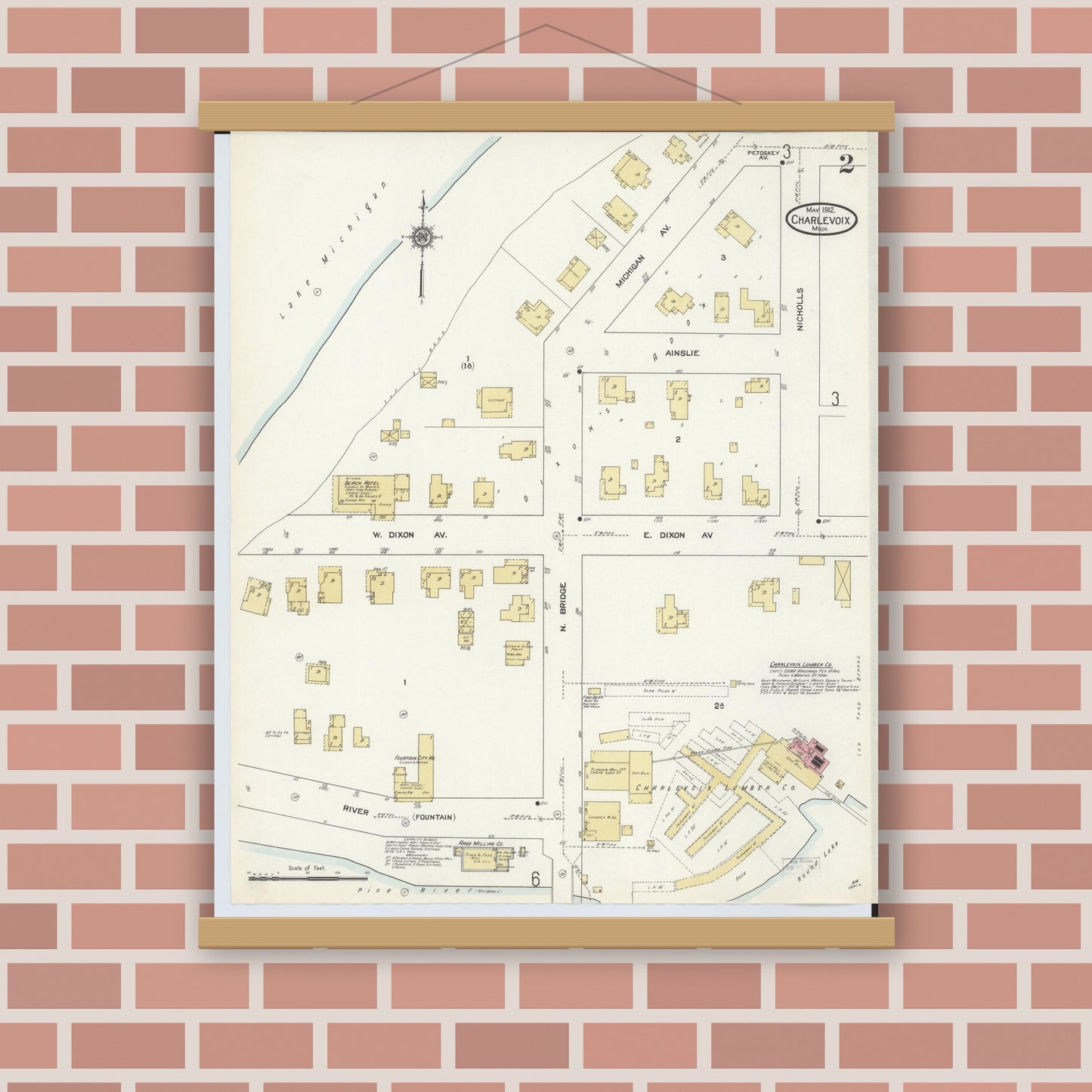 Old map wall art mockup — magnetic wood frame on brick wall — Sanborn Fire Insurance Map from Charlevoix, Charlevoix County, Michigan (1912), Sheet #0002