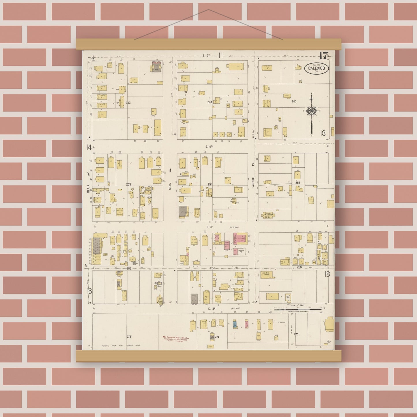 Old map wall art mockup — magnetic wood frame on brick wall — Sanborn Fire Insurance Map from Calexico, Imperial County, California (1920), Sheet #0017