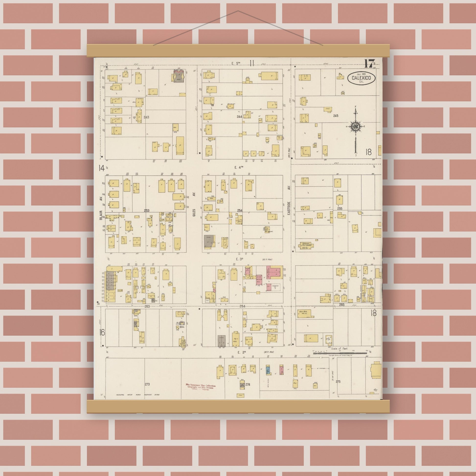 Old map wall art mockup — magnetic wood frame on brick wall — Sanborn Fire Insurance Map from Calexico, Imperial County, California (1920), Sheet #0017